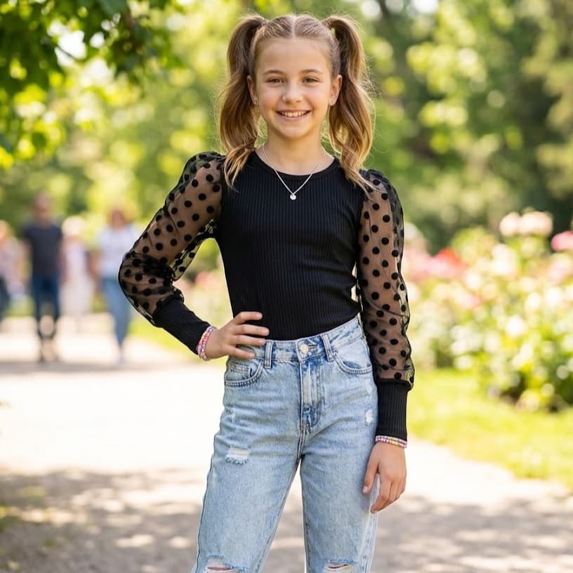 Blusa Canelada - Manga Tule Comprida - Infanto Juvenil - Do 02 ao 16