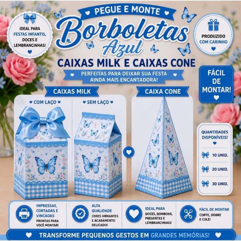 Caixinhas Personalizadas Borboletas Azul Pegue e Monte | Caixa Milk e Pirâmide | Com ou Sem Laço | Lembrancinhas Festa