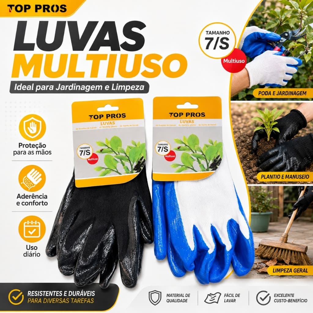 Luva de Trabalho Multiuso Antiderrapante Proteção para Jardinagem Limpeza Oficina e Serviços Gerais