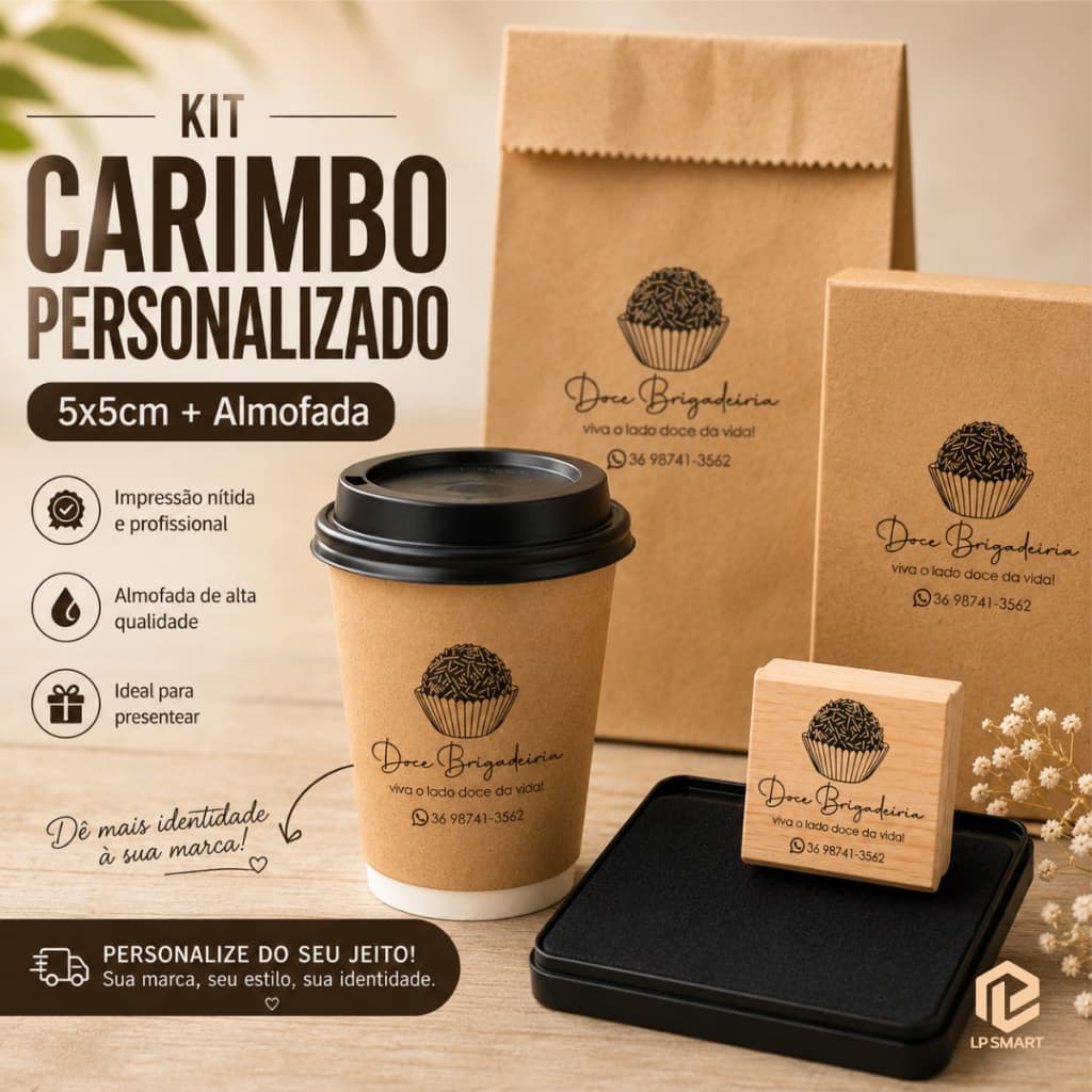 Kit Carimbo Personalizado 5x5cm com Almofada Nº3 para Sacolas Tags Caixas Embalagens