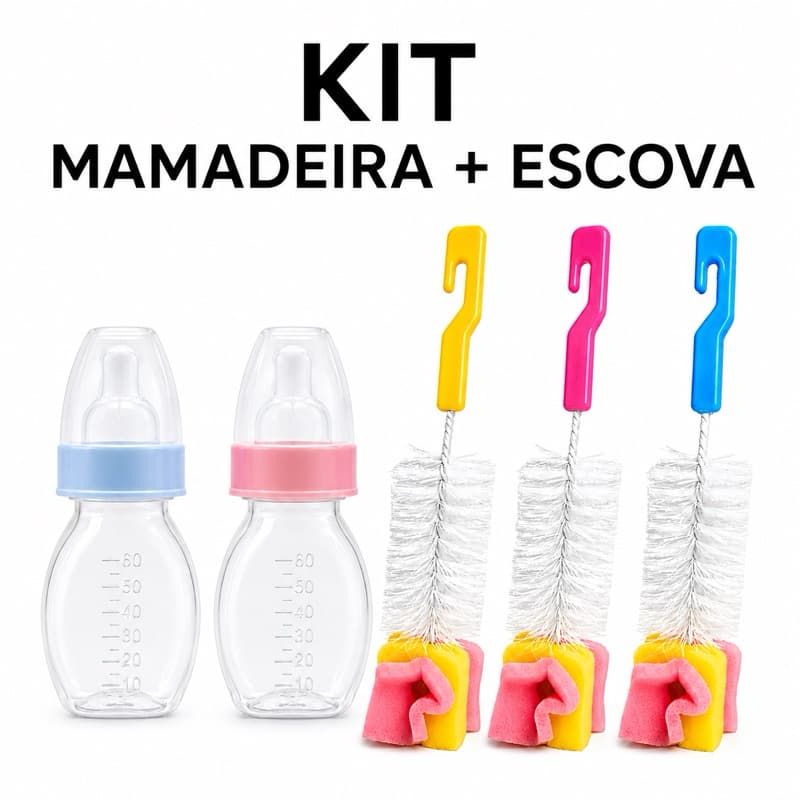Kit Mamadeira Chuquinha 60ml + Escova Para Lavar Mamadeira Bebê Higiene Limpeza Rosa Azul