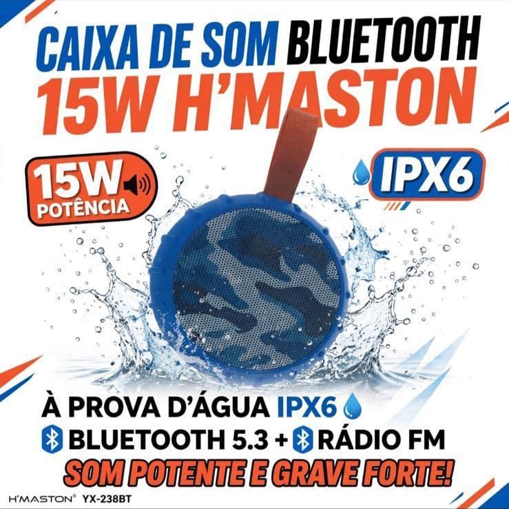 Caixa de Som Bluetooth H'MASTON YX-238BT - 15W - A Prova D'água IPX6