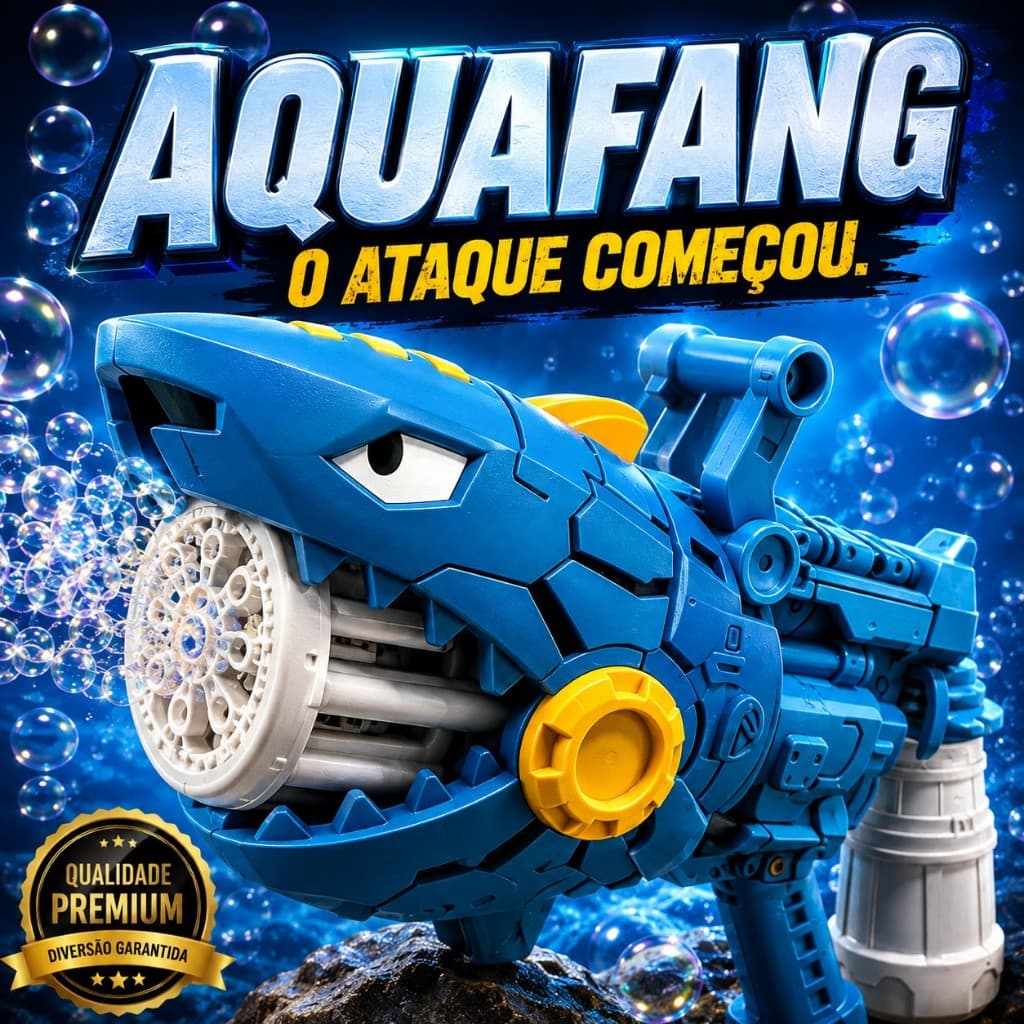 AQUAFANG™ — o lançador de bolhas em formato de tubarão que transforma qualquer brincadeira em uma aventura inesquecível.