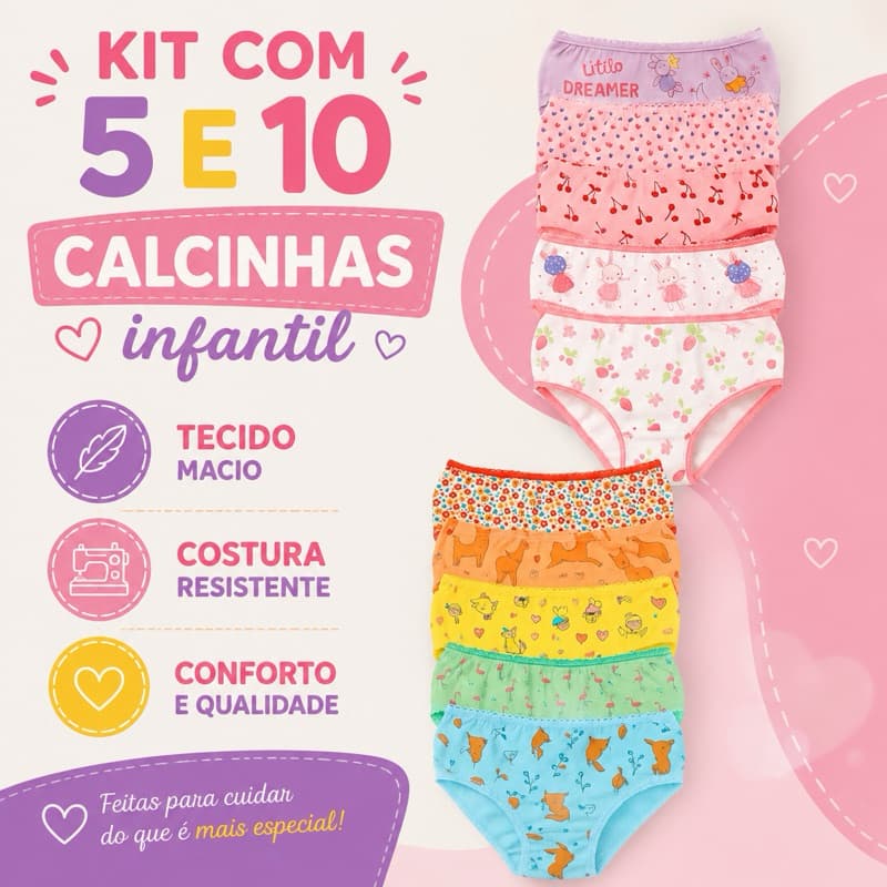 Kit 5 e 10 calcinha menina infantil calcinha com forro de algodão