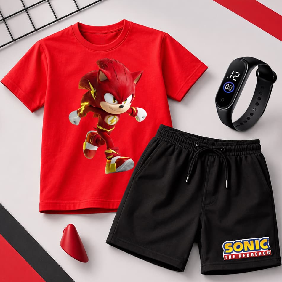 Conjunto Infantil Sonic Camiseta + Bermuda + Relógio Brinde Menino Roupa Verão
