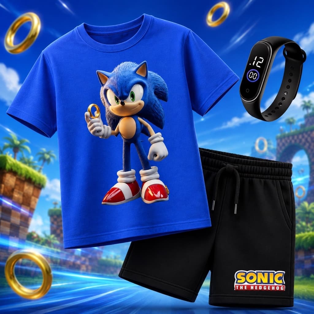 Kit Infantil Sonic Menino Camiseta + Short Moletinho + Relógio Digital Brinde