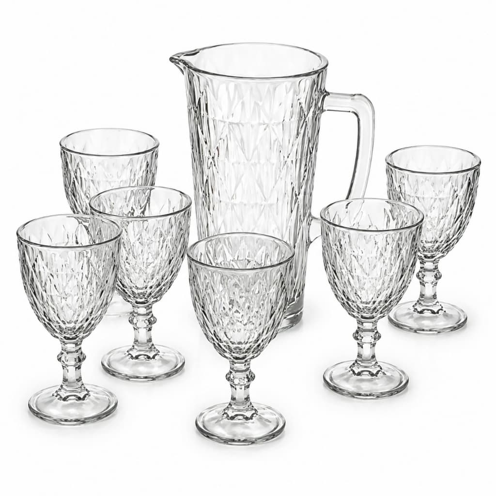 Conjunto Jarra com 6 Taças Vidro Diamond Texturizada Jogo Louças Copo Mesa Posta Suco Água Vinho