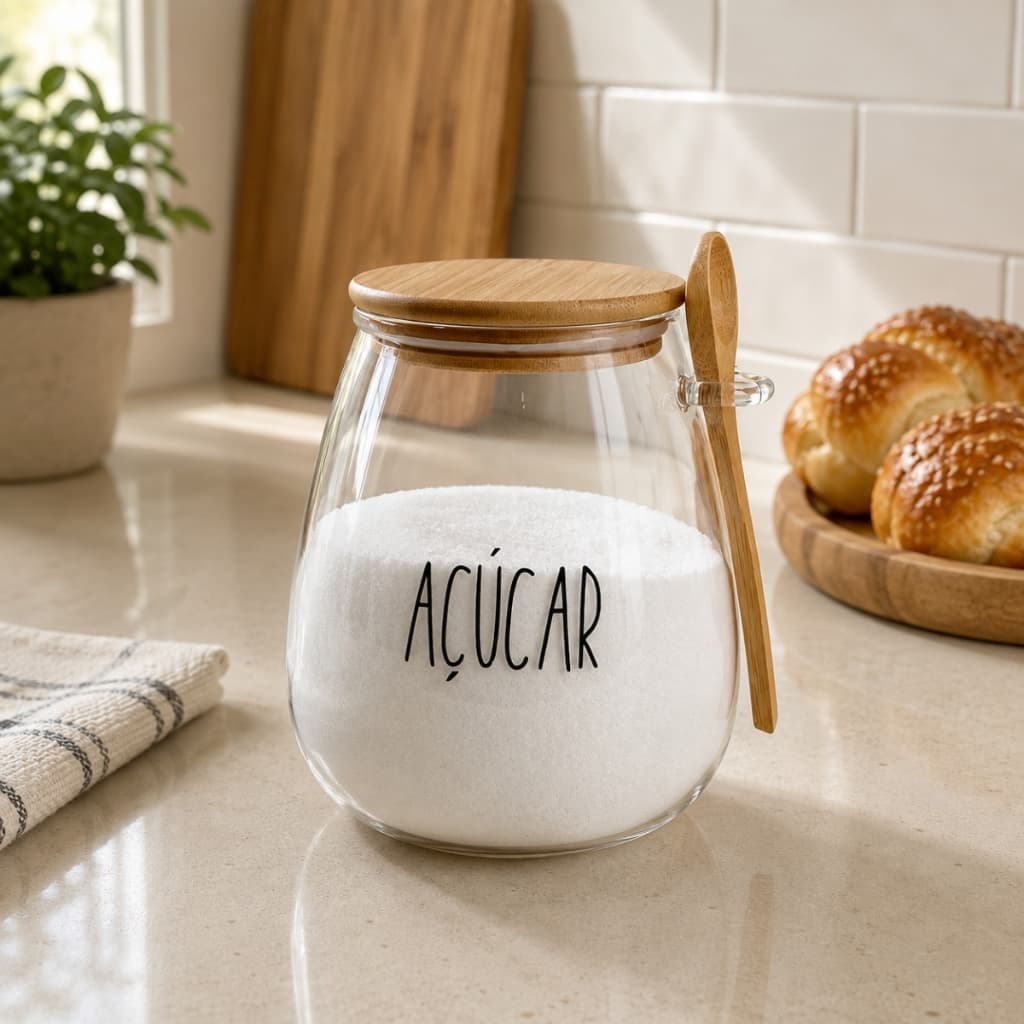Açucareiro hermético de vidro Bojudo c/ tampa e colher de bambu 1L