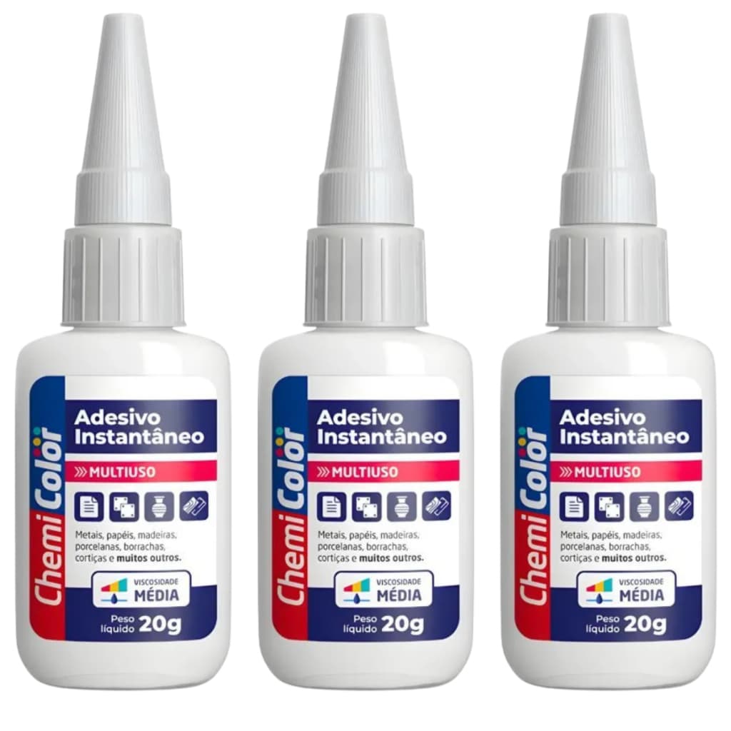 kit 3 unidades Super Cola Adesiva Instantânea 20g Chemicolor Multiuso Secagem Rápida Líquida