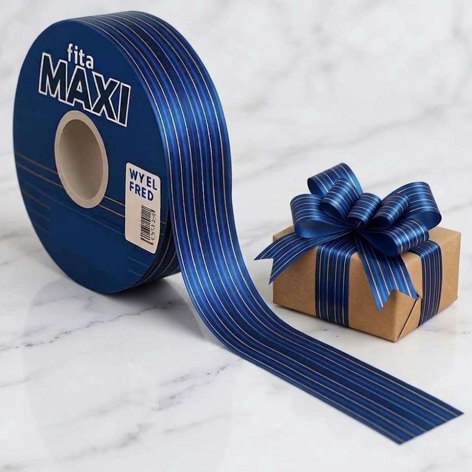 Fita Maxi Line Albano 32mmx100metros Azul Ouro Laço Presente Decoração Embalagem