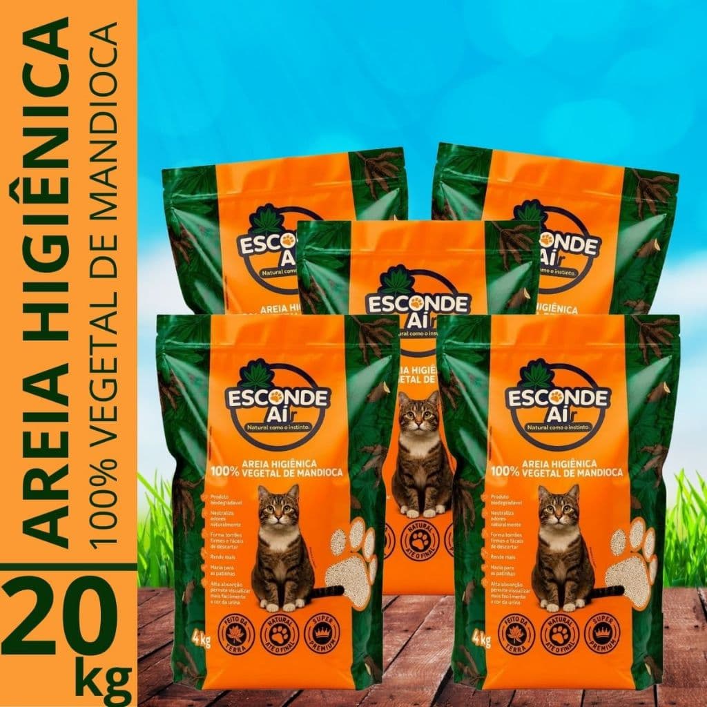 Kit Areia Higiênica de Mandioca Biodegradável Esconde Aí Granulado Sanitário de Gato Natural