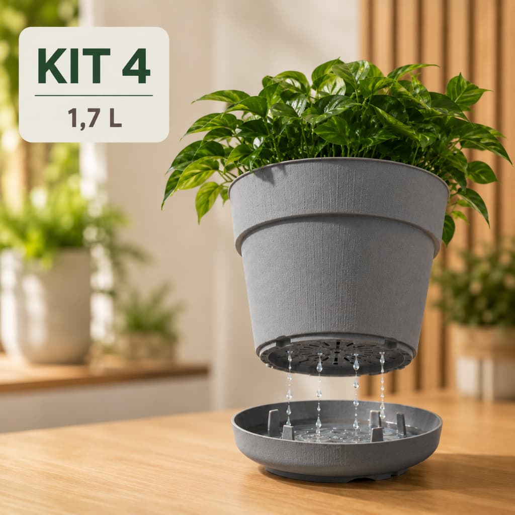 Kit 4 Vasos de Planta 1,7 Litros Antidengue Casa e Decoração Vaso com Prato Acoplado Jaguar