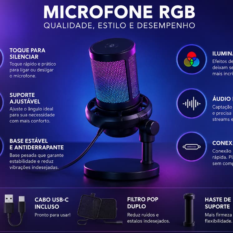 Microfone Condensador Tomate MT-1060R USB para Streaming e PC Com Luz LED Gamer Computador Nootbook