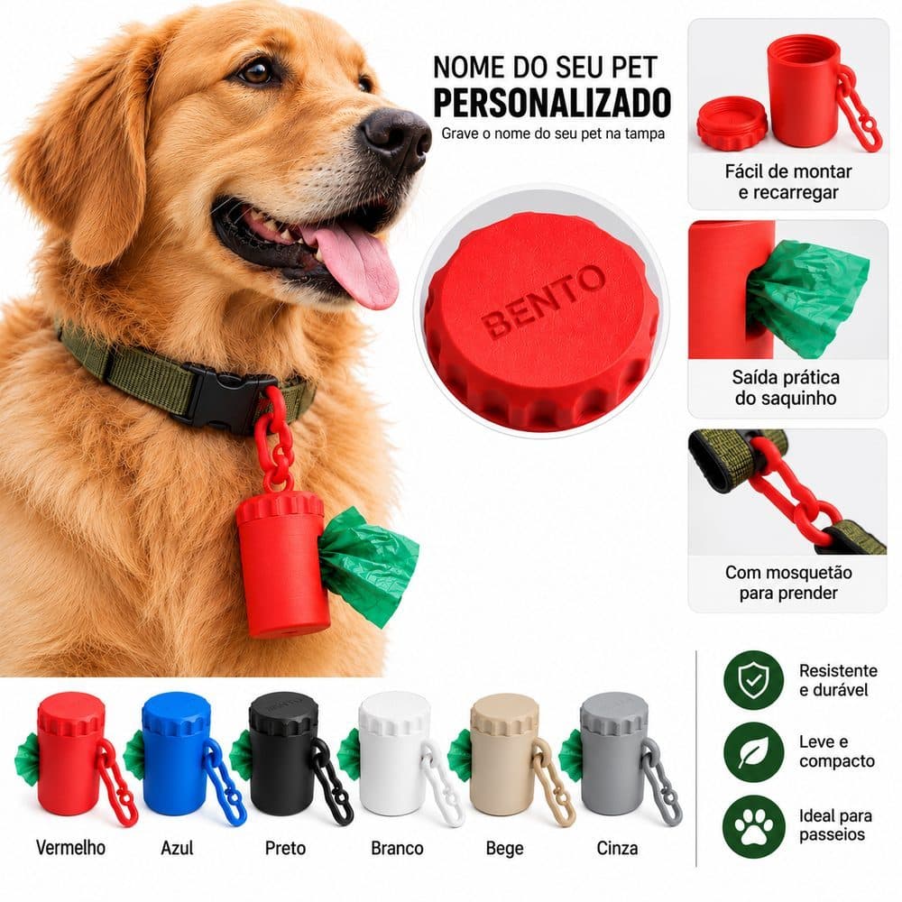 Porta Saquinho Higiênico Pet Personalizado com Nome – Dispenser Cata Caca para Cachorro com Mosquetão