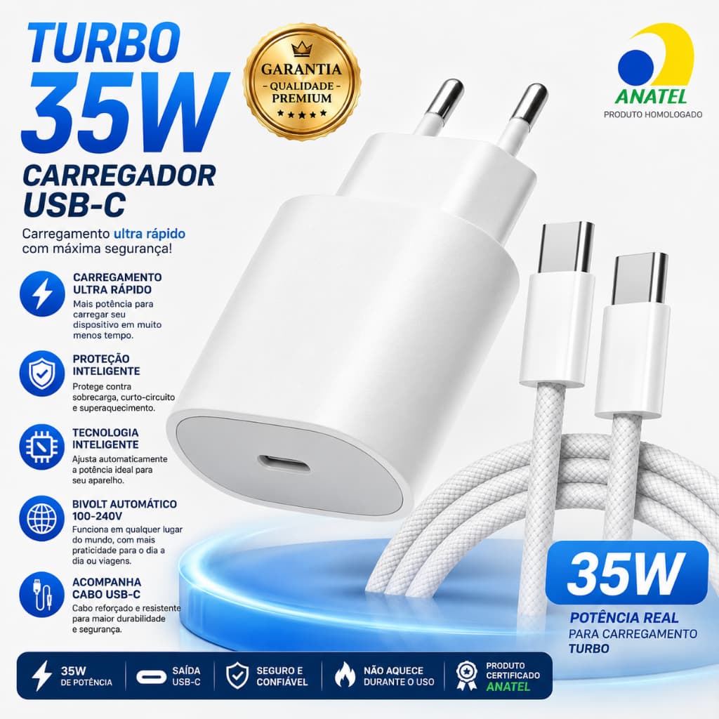 KIT Carregador Cabo E Fonte USB - C Tipo C Turbo Power 35W Iphone 15 16 17 Carregamento Rápido