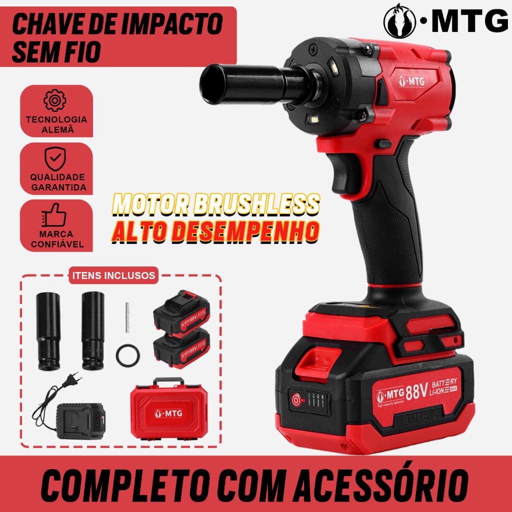 Chave de Impacto 88V Sem Fio Brushless MTG com 2 Baterias, Carregador, Maleta e Acessórios