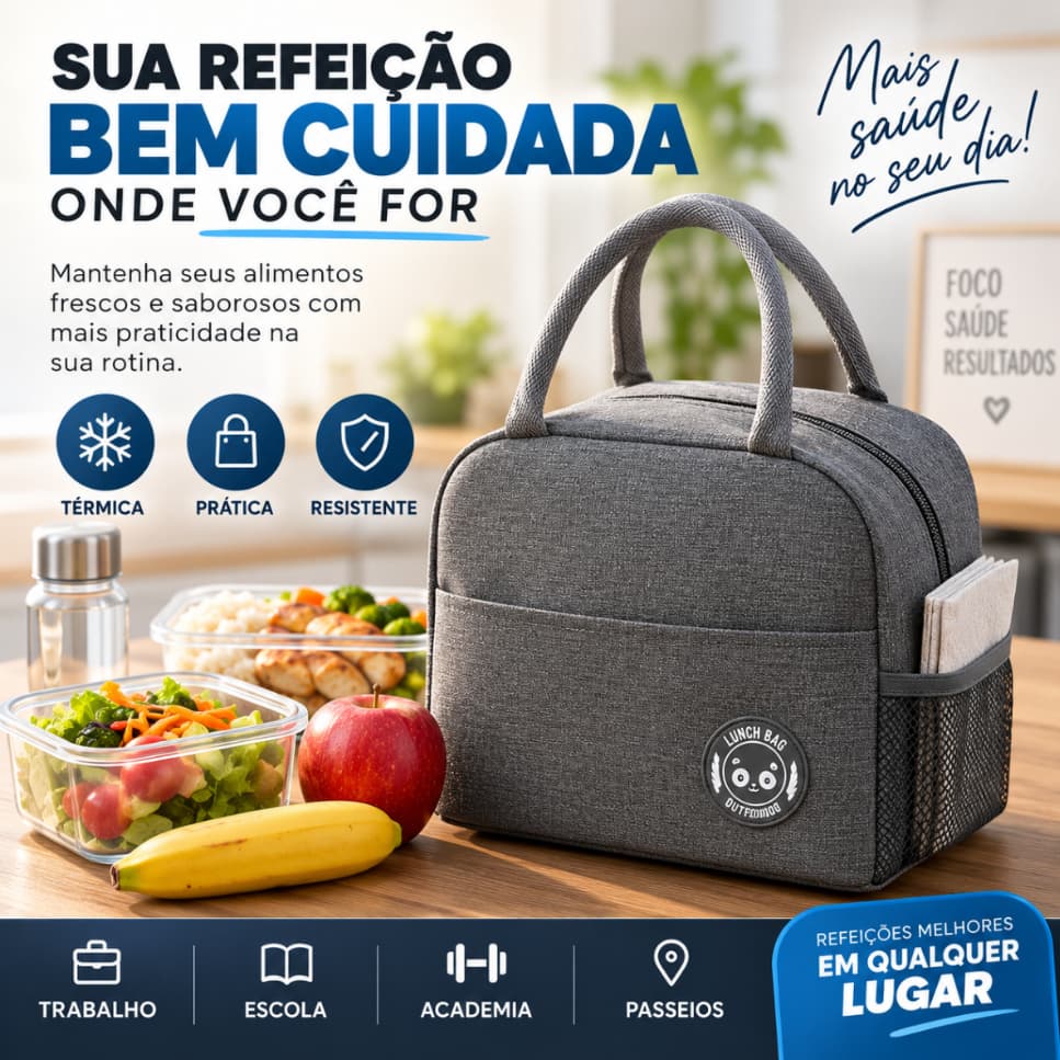 Lancheira Térmica Premium para Marmita Trabalho Academia Escolar com Bolso Lateral Resistente