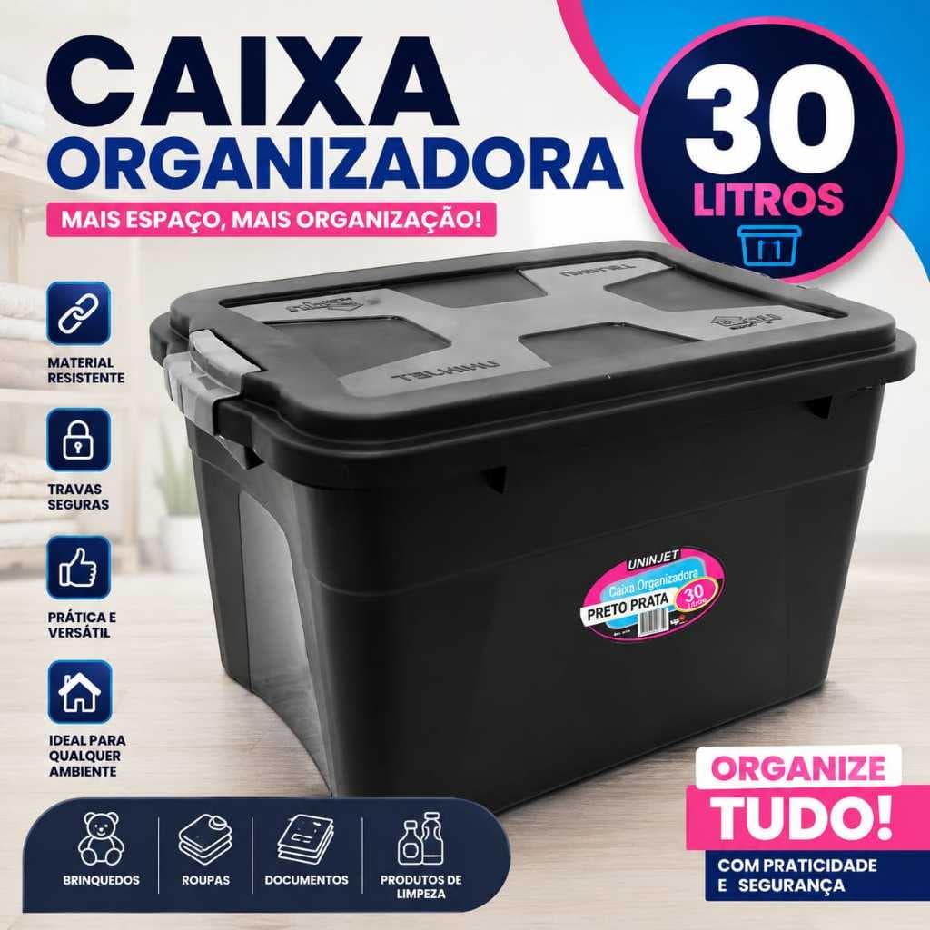 Caixa Organizadora 30 Litros Preta  Uninjet Com Travas Laterais E Tampa Caixa Organizadora