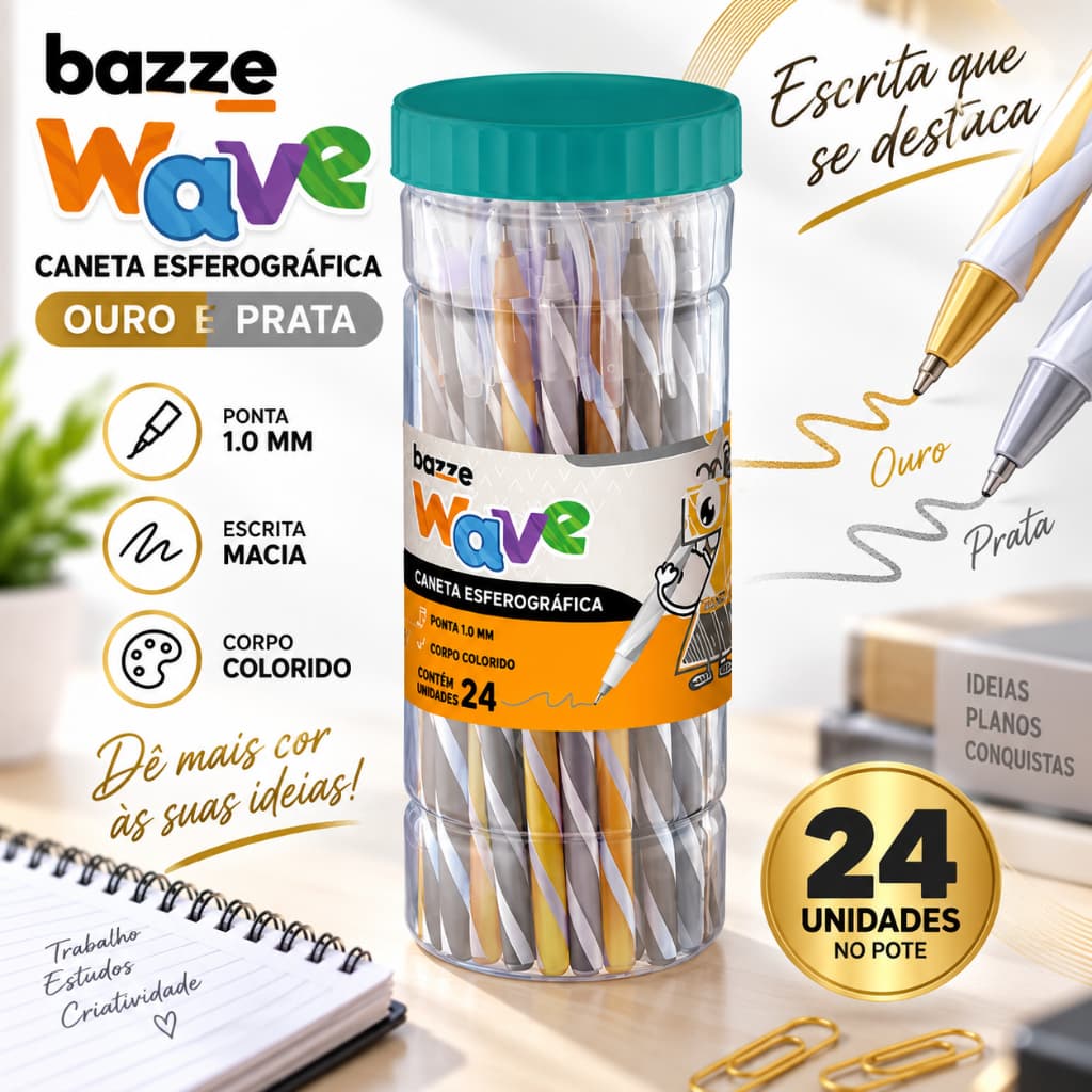 Caneta Esferográfica Bazze Wave Ouro e Prata Ponta 1.0mm Pote com 24 Unidades para Escola Escritório e Papelaria