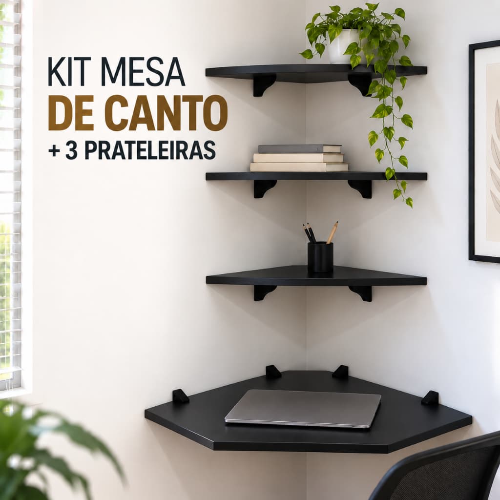 Kit Mesa Escrivaninha Suspensa de Canto com 3 Prateleiras Branca para Home Office, Quarto e Escritório – Mesa de Parede