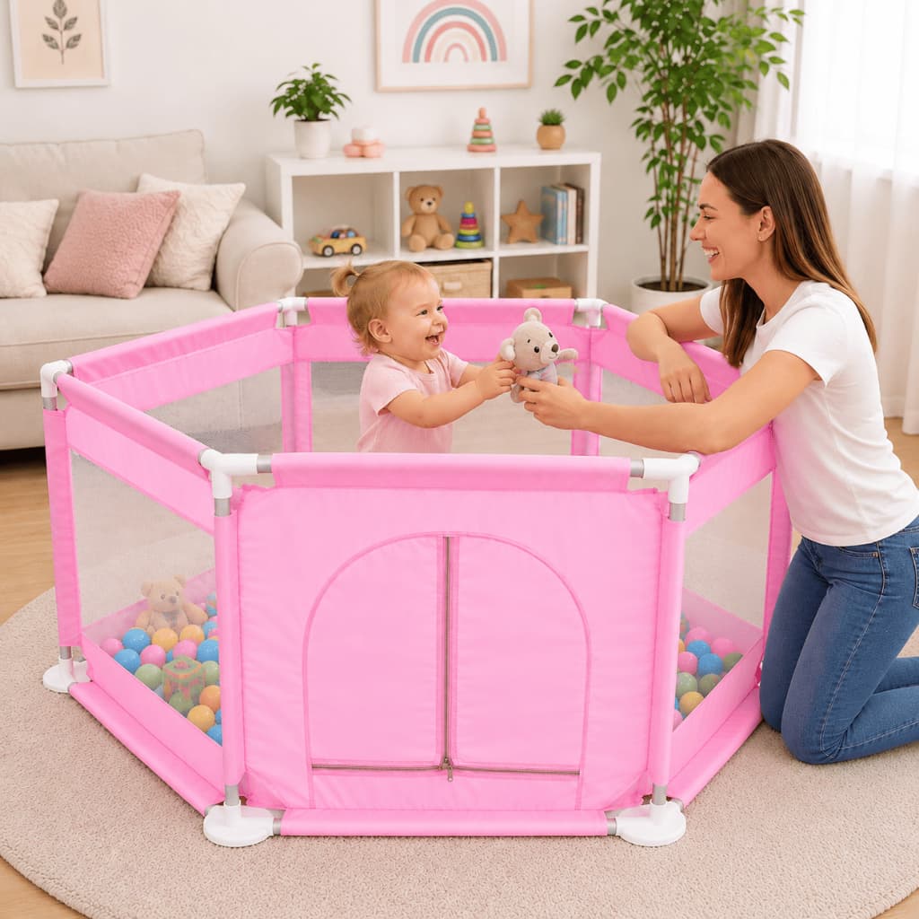 Cercado Infantil Hexagonal Tela Grade Proteção Cercadinho Portão Bebe 130-113CM - Rosa