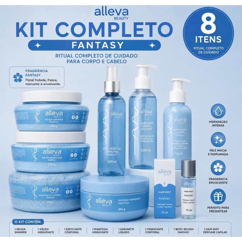 Kit Autocuidado Alleva Beauty Fantasy 8 Itens – Corpo e Cabelo | Body Splash + Hidratante + Esfoliante