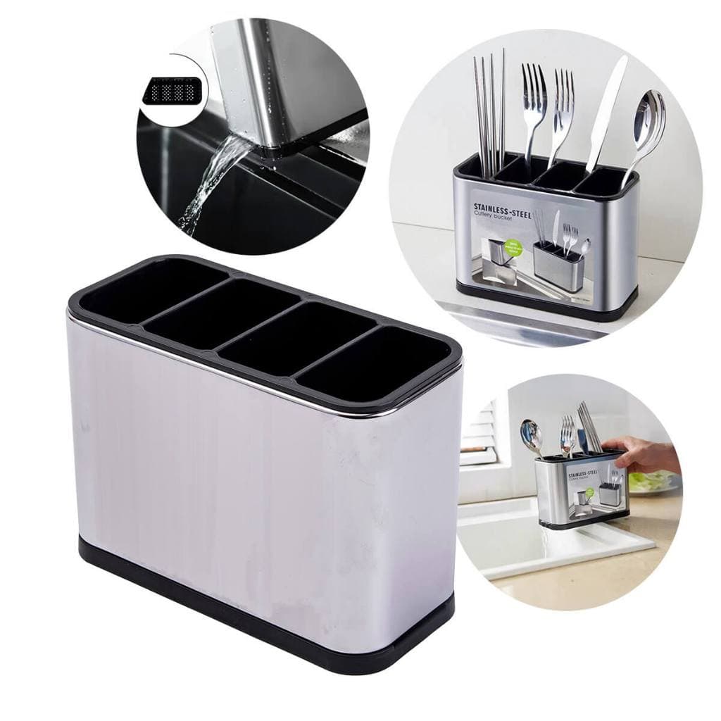Escorredor Porta Talheres Inox Com 4 Divisões Com Drenagem Fácil Organizador Compacto