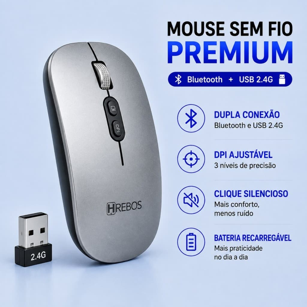Mouse Sem Fio Recarregável Bluetooth 2.4G USB DPI Ajustável Notebook Tablet Android iOS Windows
