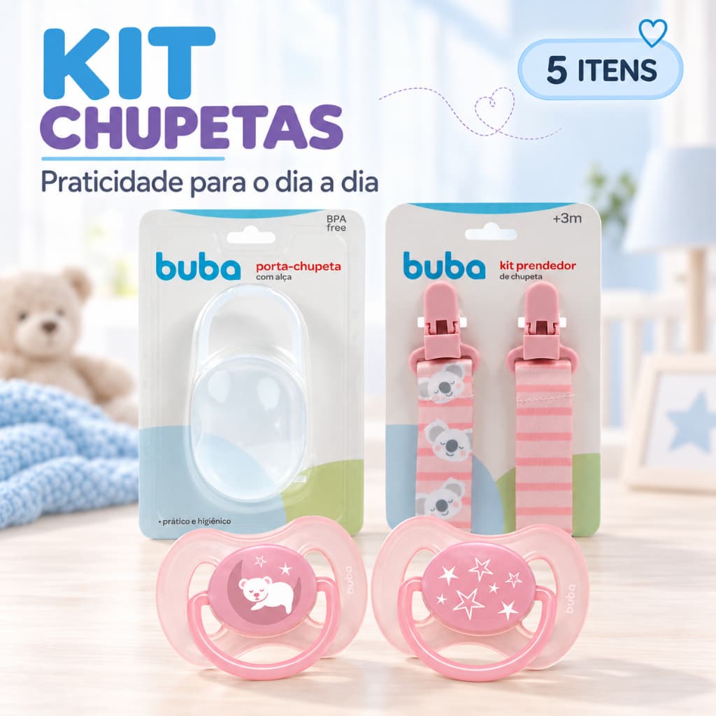 Kit Buba 5 Peças com 2 Chupetas Comfort, 2 Prendedores e Porta-Chupeta