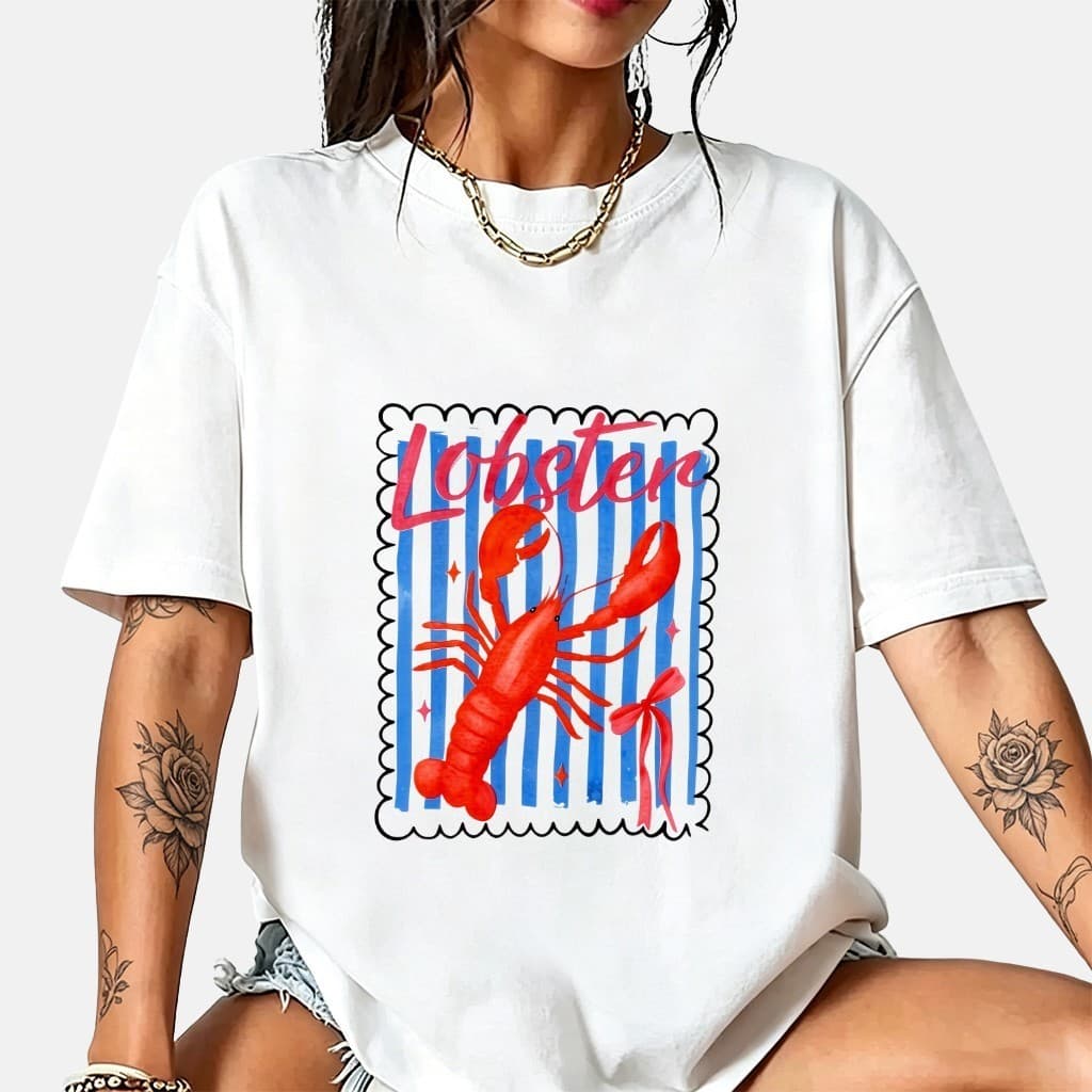 Camiseta Oversized 100% Algodão Estampa Lagosta Vermelha Lobster, Camisa Estilo Retro Vintage Feminina, Moda Casual