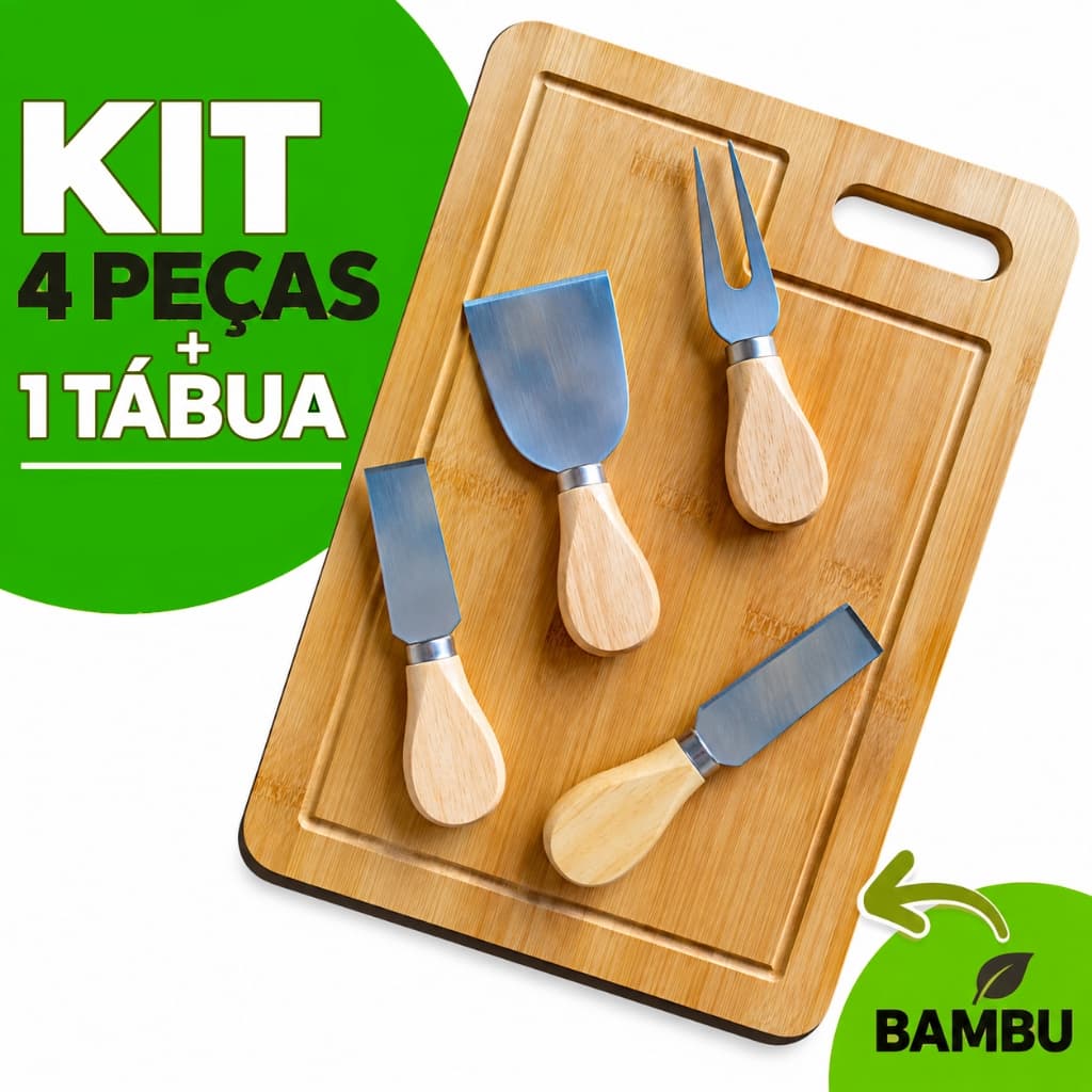 Kit Tábua de Bambu & 4 Facas Inox p/ Queijo e Frios Petiscos/ Opções Unitárias Faca, Espátula, Garfo