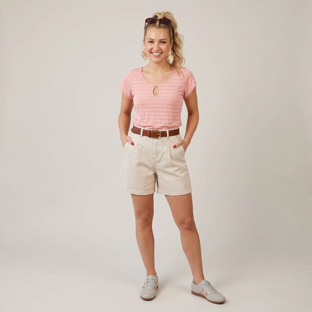Blusa Feminina Rosa Manga Curta Detalhe Listras Básica Elegante Casual