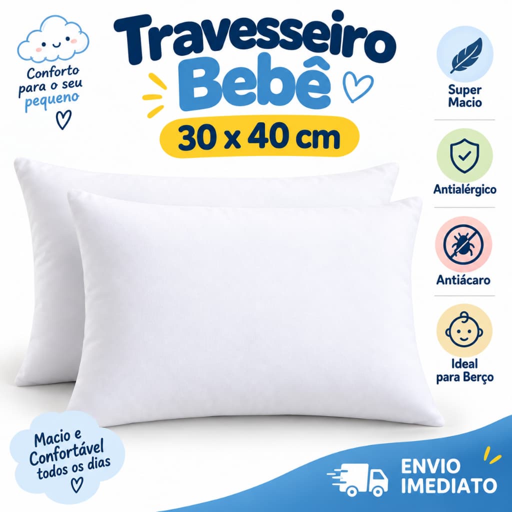 Kit Travesseiro Bebê 30x40cm Antialérgico Antiácaro Macio Para Berço