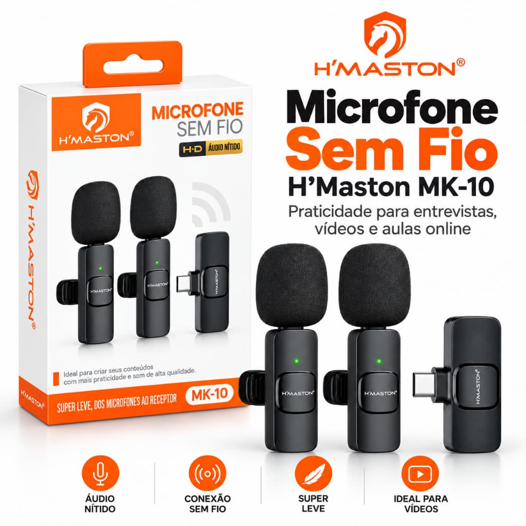 Microfone de Lapela Sem Fio H’Maston MK-10 com 2 Microfones para Celular