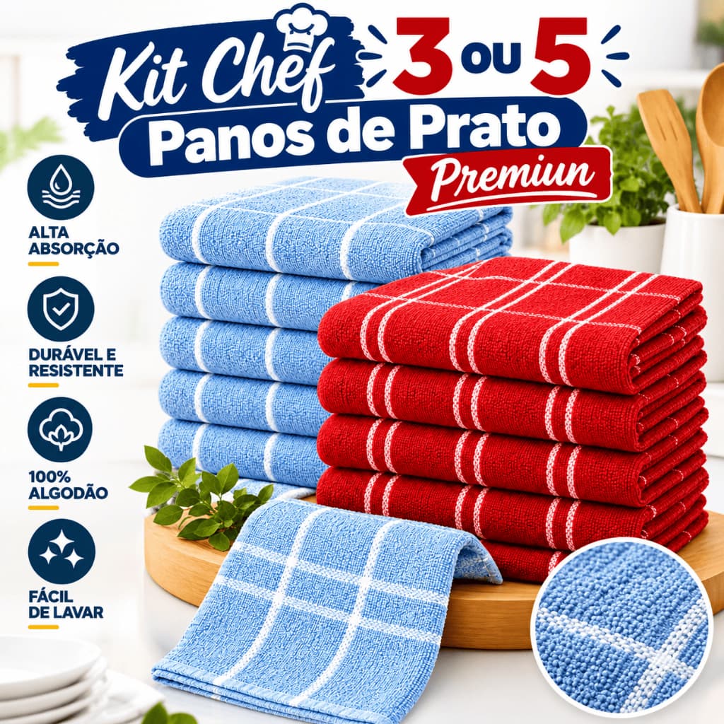 Kit Panos de Prato Chef Premium 100% Algodão Alta Absorção Felpudo Atoalhado Kit para Cozinha