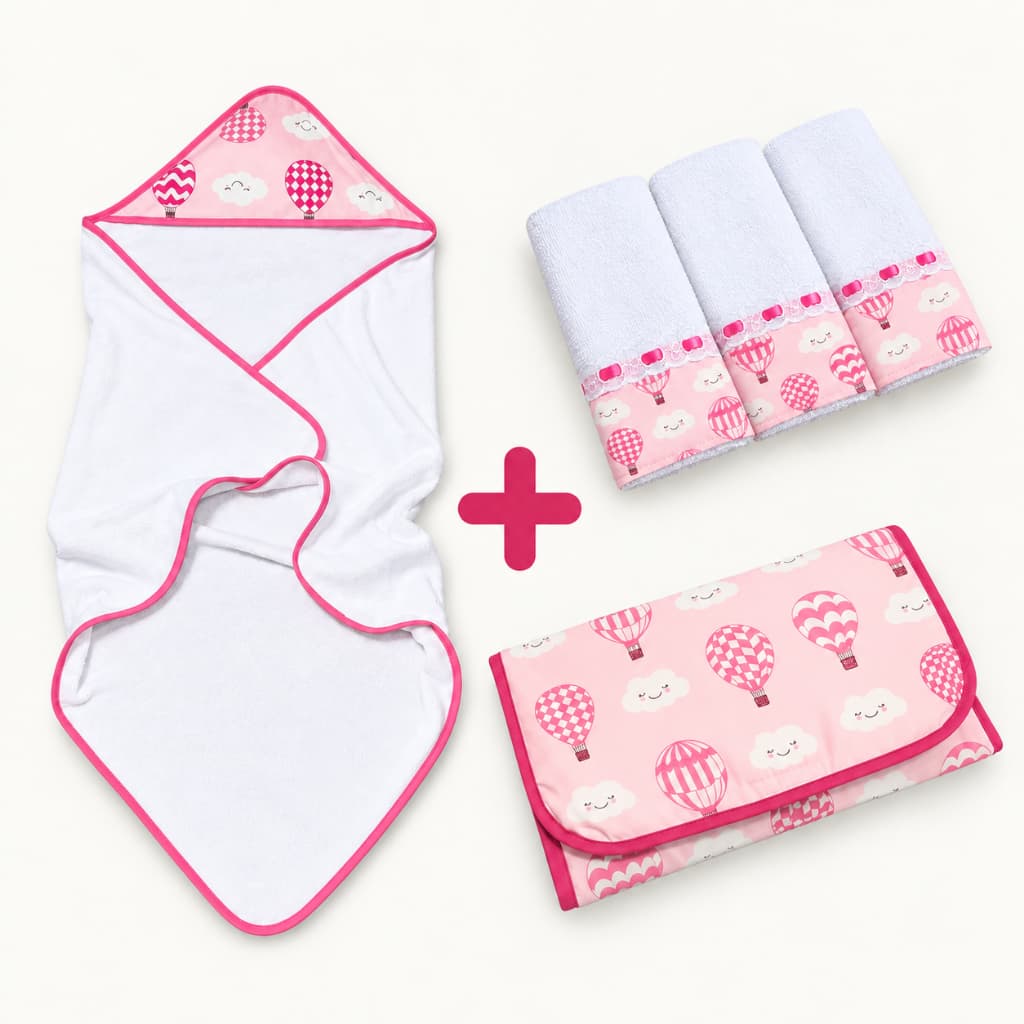 Kit Enxoval Bebê 5 Peças com Trocador Portátil Impermeável Toalha com Capuz e 3 Paninhos de Boca