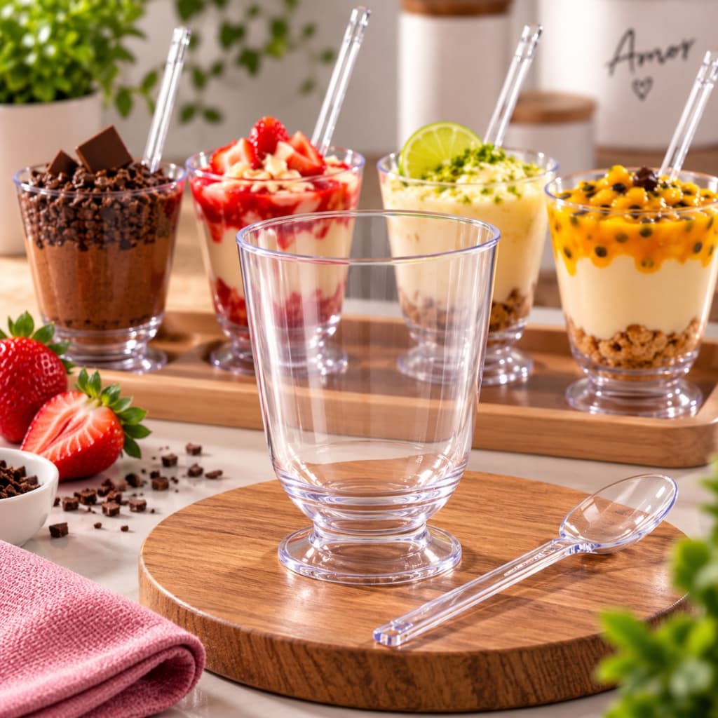 Kit Mini Tacinha 30ml Com Colher Acrílico Doce Brigadeiro Festa Aniversário Sobremesa Transparente
