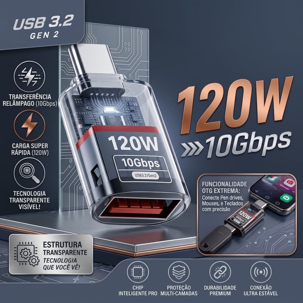 Adaptador Tipo C para USB 3.2 OTG, 10Gbps, Carregamento Rápido 120W Conversor Macho USB-C para USB A