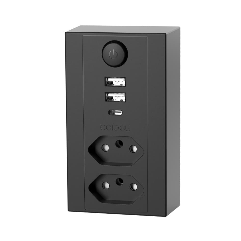 Adaptador Tomada Extensão 2 Tomadas Padrão BR + 2 USB + Type-C, Interruptor Geral, Proteção Infantil, 2200W