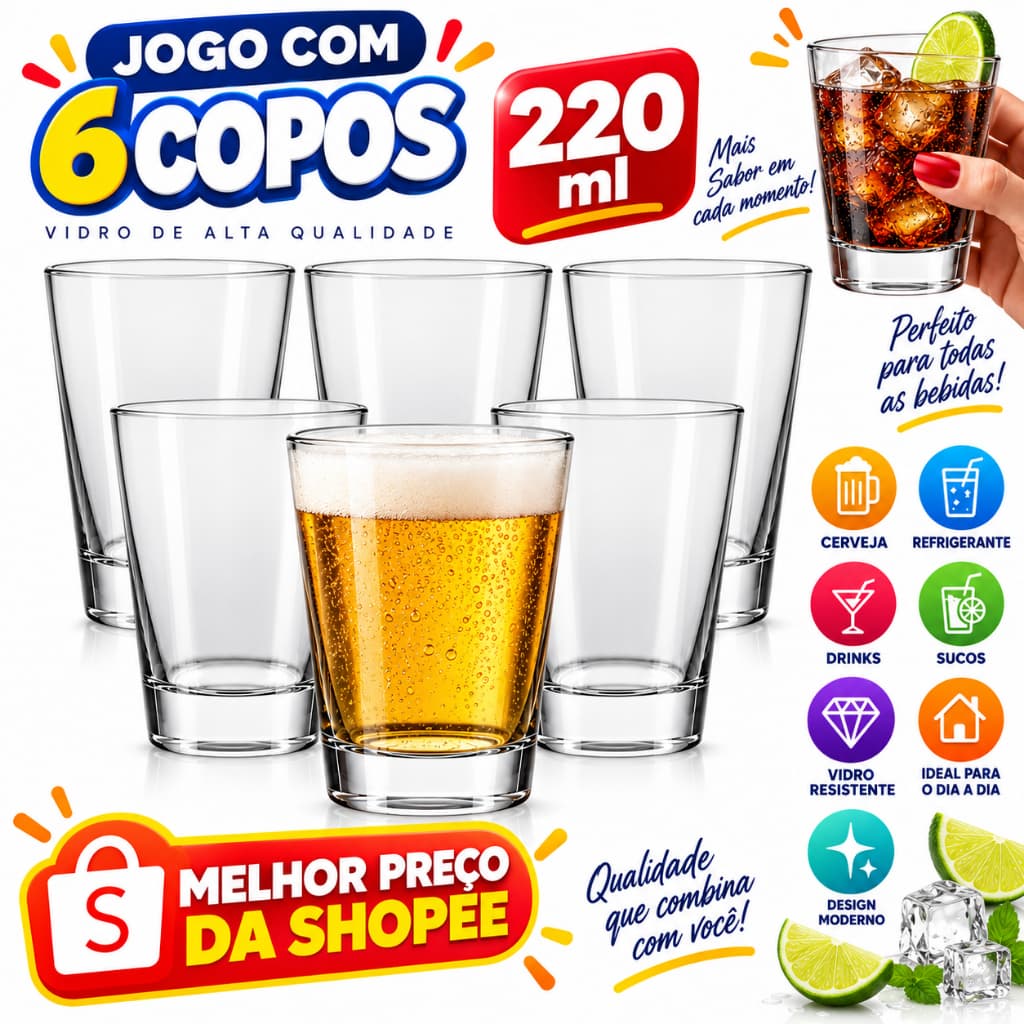 Kit jogo 6 Copos Caldereta Old Fashioned Nadir 220ml Vidro Whisky Drinks copo de vidro