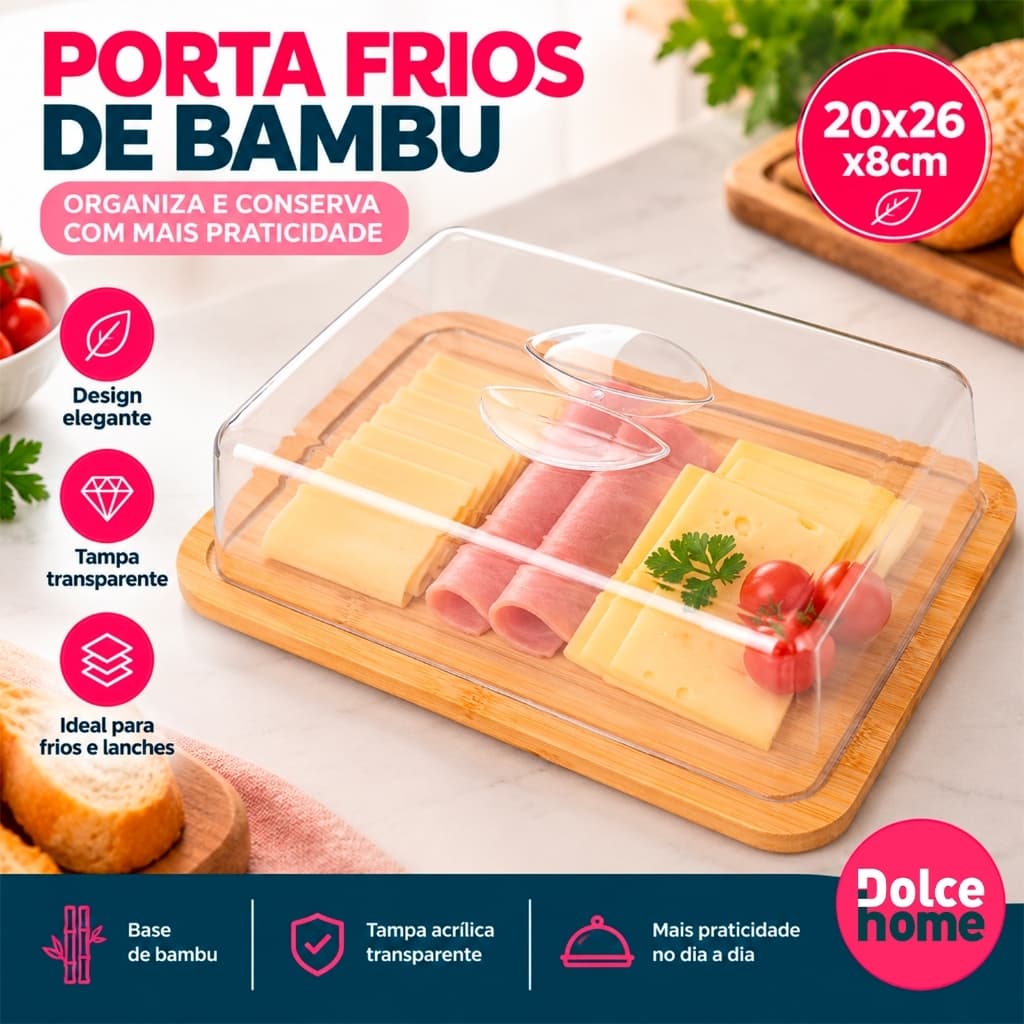 Porta Frios de Bambu para Servir Queijos e Petiscos com Tampa