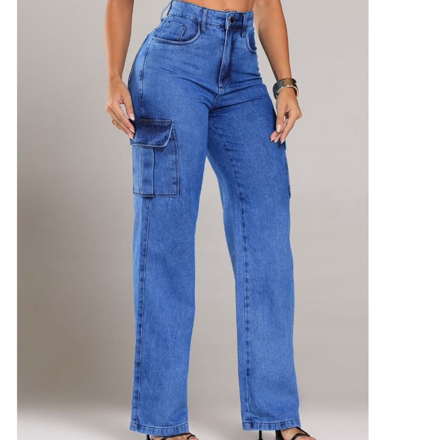 Calça Jeans Feminina Wide Leg Cargo Cintura Alta