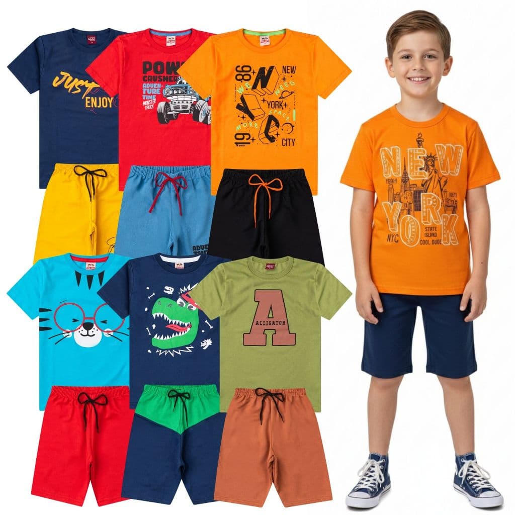 Kit Premium Infantil e Juvenil Menino 4 | 6 | 8 | 10 Peças Verão – 5 Camisetas + 5 Bermudas | Tamanhos 1 a 16