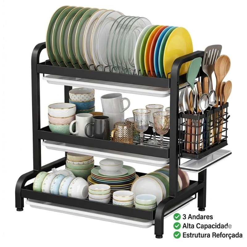 Suporte Para Loucas  Camadas Cozinha Metal Preto Organizador
