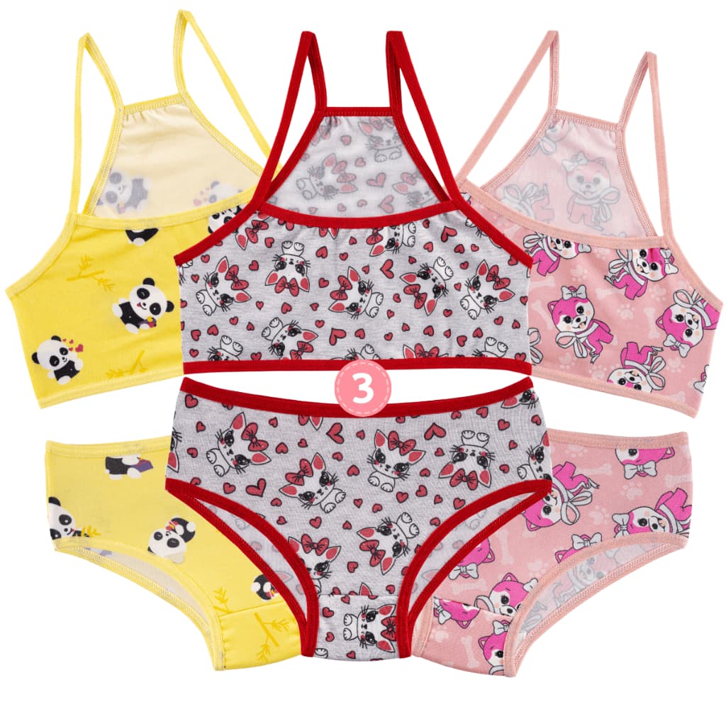 Kit 3 Conjunto Infantil Menina Moça Nadador Estampado Top e Calcinha Microfibra Forro de Algodão