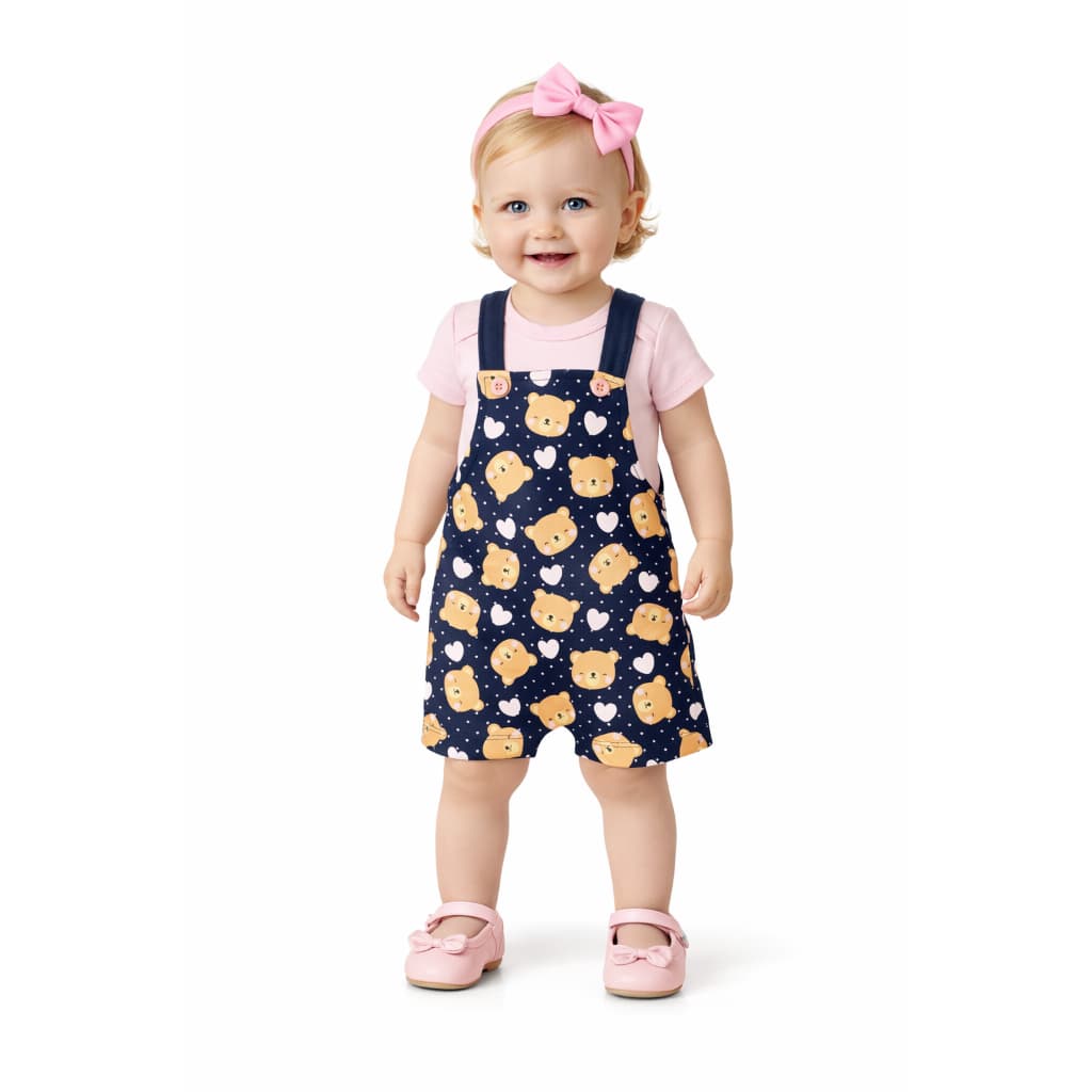 Conjunto Jardineira Bebê Menina Suedine Ursinhos Blush