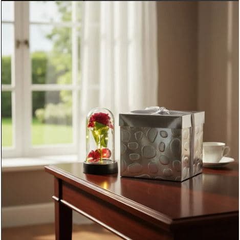 Kit Luminária Cúpula Rosa Encantada Led E Caixa Cubo Prata 15Cm