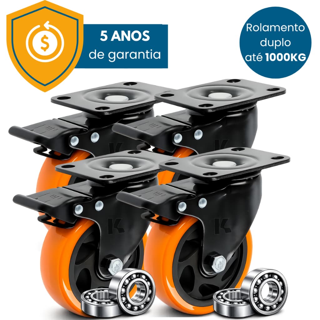 Kit 4 Rodinhas 3 polegadas 75mm Para Moveis Pesados Rodízios Roda Grande Reforçada Com Trava Dupla