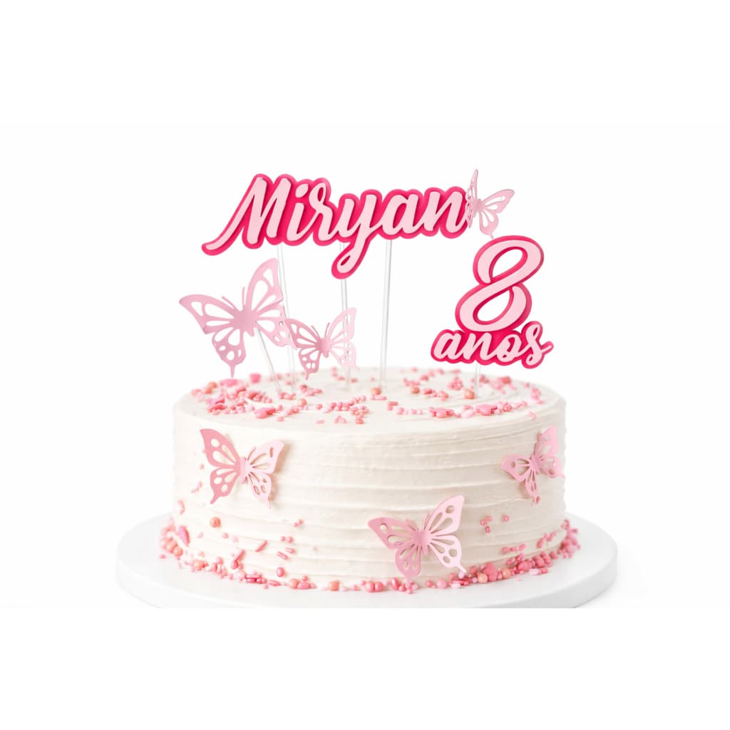 Topo/Topper de bolo personalizado:nome, idade e borboletas em papel color plus 180g
