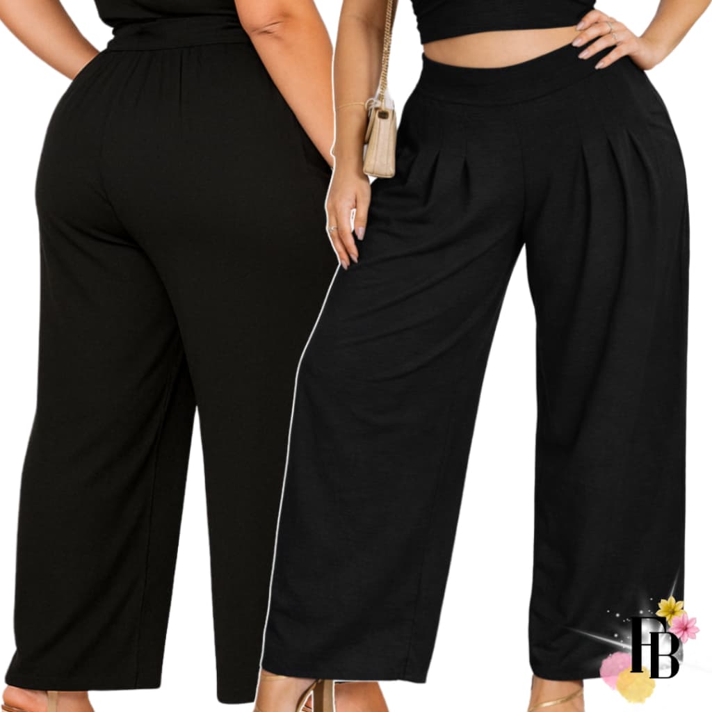 Calça Feminina Pantalona do 40 ao 54 Plus Size Cintura Alta Com Pregas Tecido Duna Preta Estilosa
